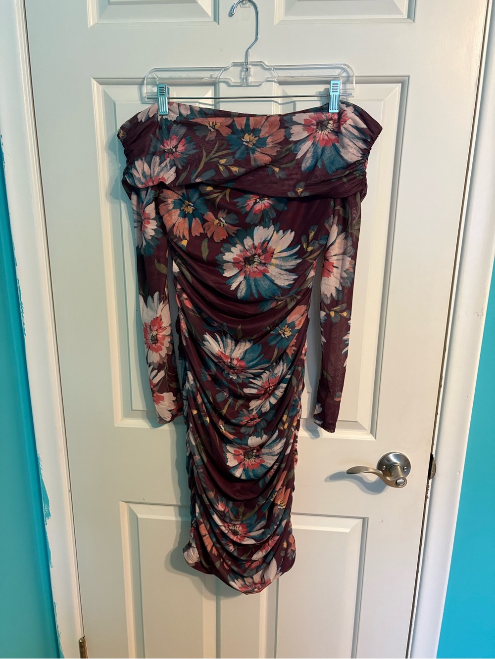 Suzy Shier Purple Floral Off-Shoulder Ruched Midi Dress